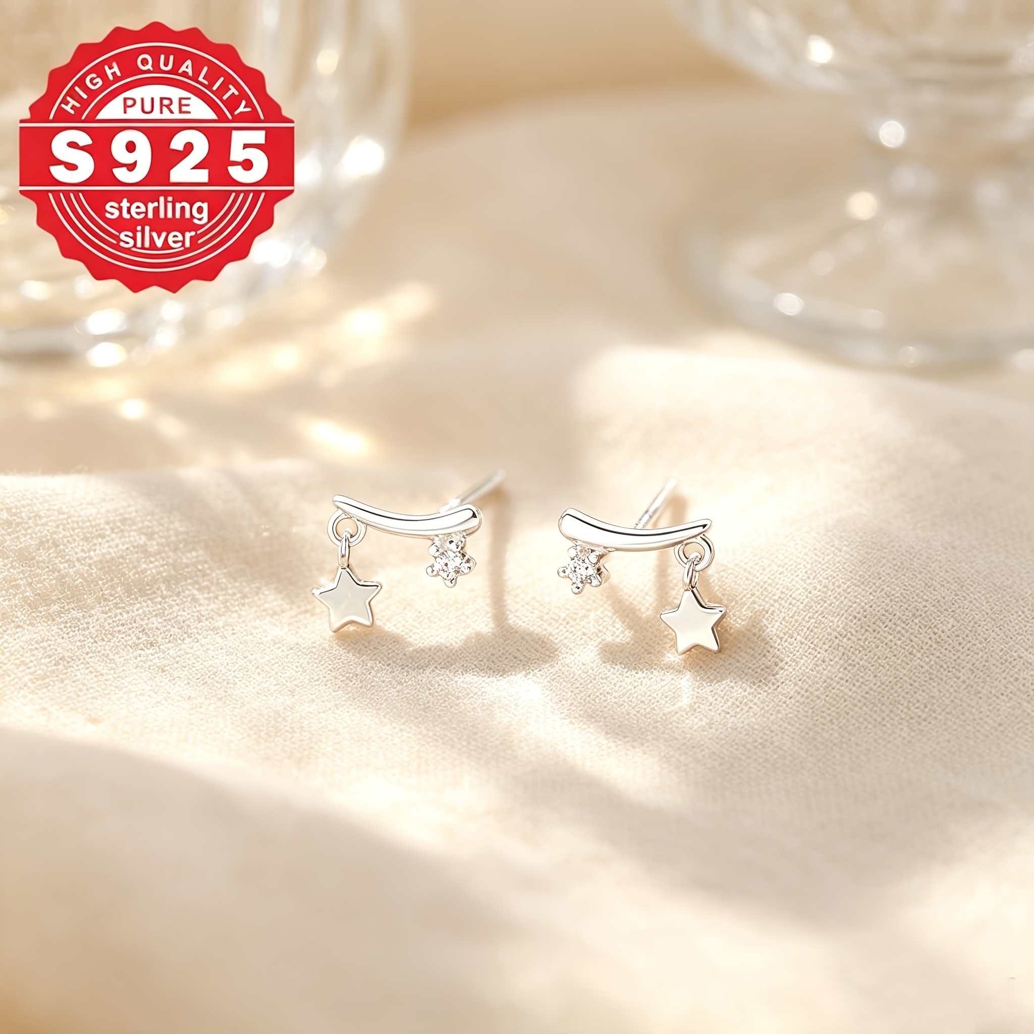Women's 925 Sterling Silver Star Design Stud Earrings, Cute & Sweet